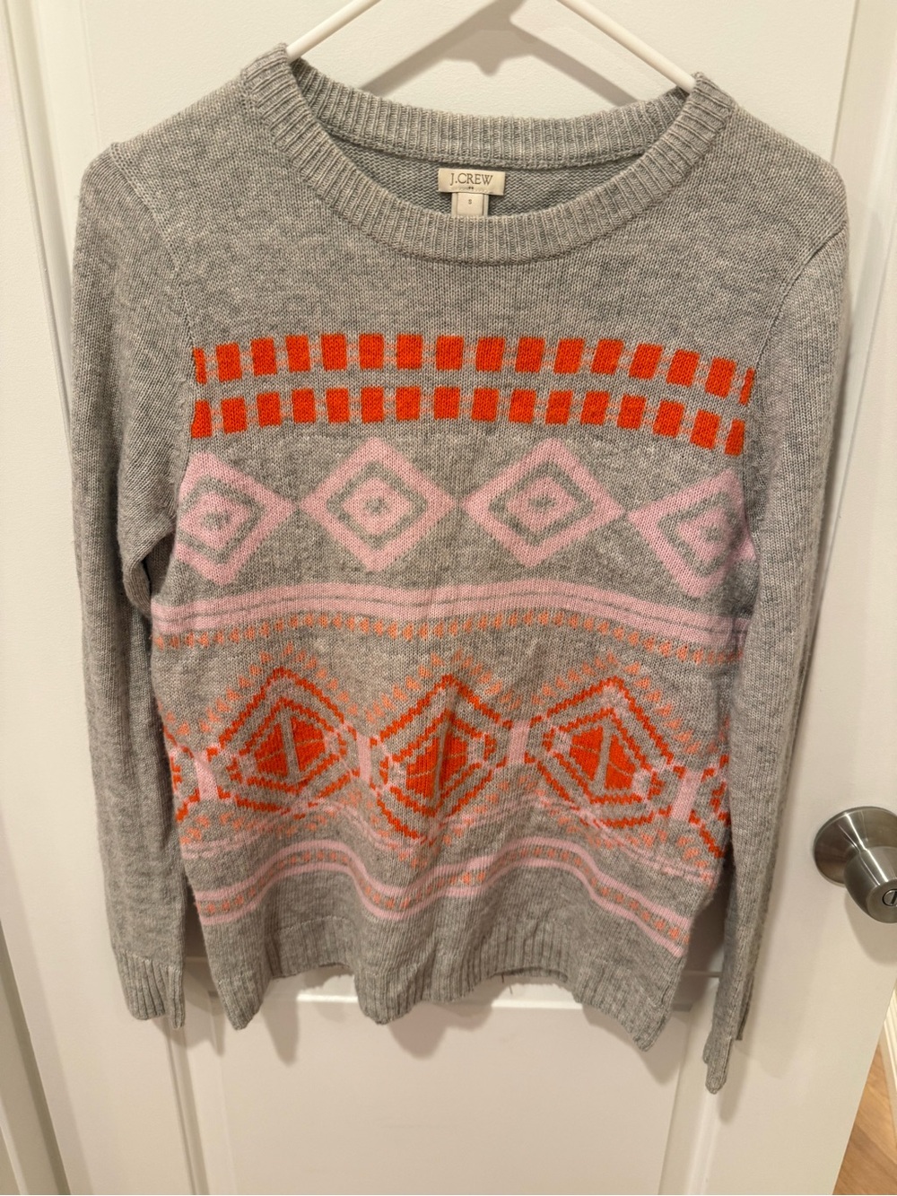 J.Crew Gray Fair Isle Crewneck Sweater w/ Pink & Orange Pattern 28% Merino Wool